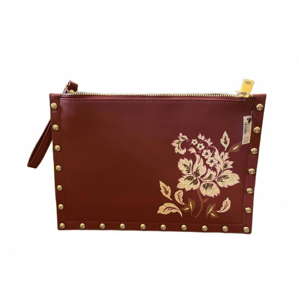 White House Black Market Brown Floral Studded Wristlet Clutch